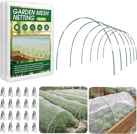 Garden Netting Kit for Raised Beds, 10x50FT Ultra Fine Mesh Netting＆ 6 Sets of 8FT Fiberglass Garden Hoops, Row Cover Insect Netting for Vegetable Plant Fruit Flowers Protection