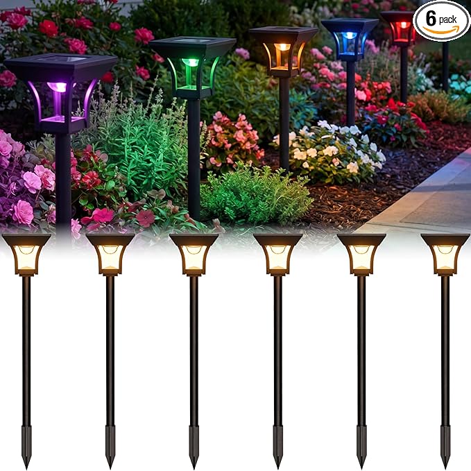 CINOTON 6 Pack RGBCW Solar Pathway Outdoor Lights, 3 Lighting Modes Solar LED Garden Light, IP65 Waterproof Outside Solar Powered Landscape Lighting for Patio Walkway Yard Driveway RGB/Warm/Cold White
