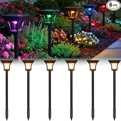 CINOTON 6 Pack RGBCW Solar Pathway Outdoor Lights, 3 Lighting Modes Solar LED Garden Light, IP65 Waterproof Outside Solar Powered Landscape Lighting for Patio Walkway Yard Driveway RGB/Warm/Cold White