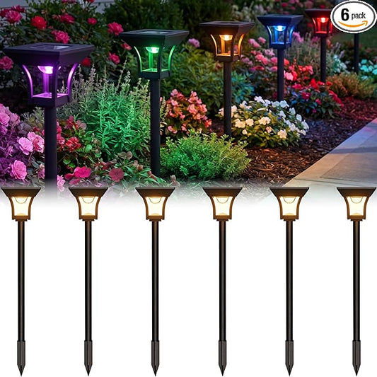 CINOTON 6 Pack RGBCW Solar Pathway Outdoor Lights, 3 Lighting Modes Solar LED Garden Light, IP65 Waterproof Outside Solar Powered Landscape Lighting for Patio Walkway Yard Driveway RGB/Warm/Cold White