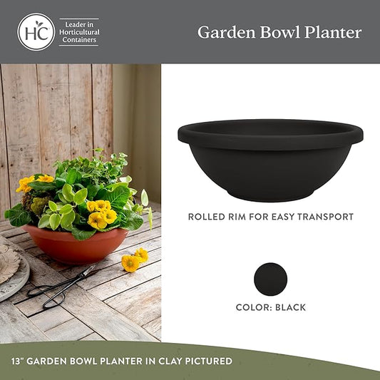 The HC Companies Shallow Planter with Drainage - Contemporary Garden Bowl Planter for Flowers, Herbs & More - Round Succulent Planter Pot for Indoors and Outdoors (15.5" Black, Pack of 1)