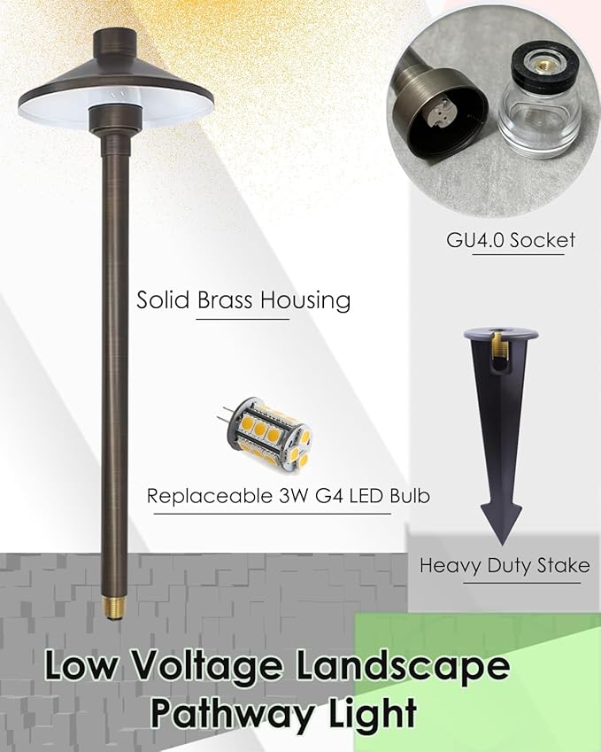 Low Voltage Landscape Path Lights Brass, Outdoor Pathway Lighting 12V 24V, Free 3W Warm White G4 LED Bulb and ABS Ground Stake with Brass Thread, 1-Pack