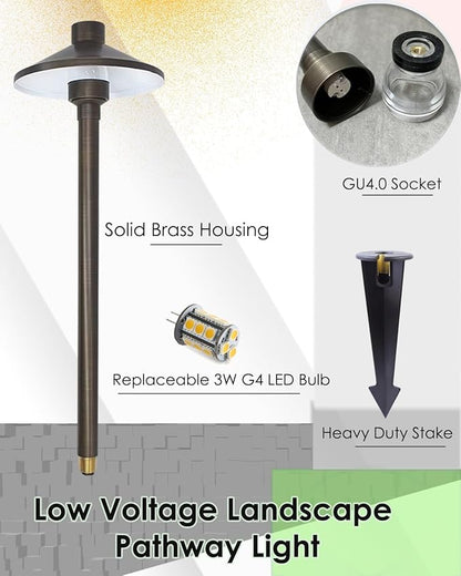 Low Voltage Landscape Path Lights Brass, Outdoor Pathway Lighting 12V 24V, Free 3W Warm White G4 LED Bulb and ABS Ground Stake with Brass Thread, 1-Pack