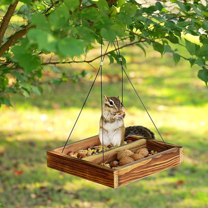 MIXXIDEA Bird Feeder Hanging Tray, Wooden Platform Hummingbird Feeder Mesh Seed Platform for Garden Yard Outside Decoration Attracting Wild Birds (Brown)