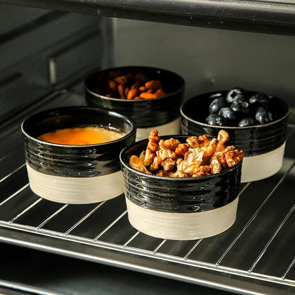 Hasense Ceramic Ramekins Set of 6, 8 Oz Oven Safe Mini Bowls, Black & Beige Farmhouse Ramekins for Creme Brulee, Souffle, Lava Cake & Dipping Sauces, Kitchen Decor