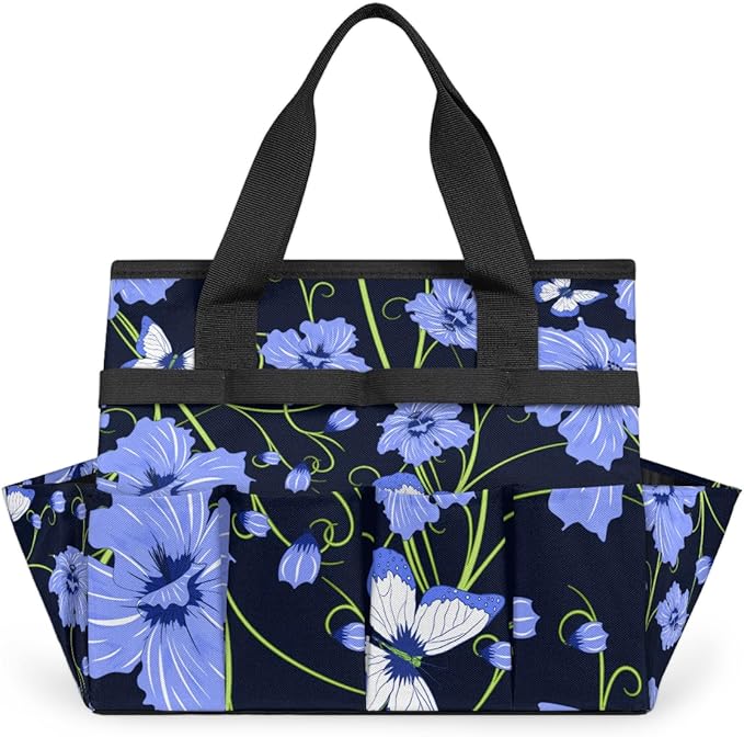 Garden Tote Bag with Pockets Flower Butterfly Gardening Bags for Tools Organizer Heavy Duty Storage Bag with Handle for Lawn Yard Casual