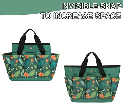 Waterproof Garden Tool Bag, 600D Oxford Portable Gardening Tote with Handle & Multi Pockets, Ideal Gifts for Parents Women (Green Flower, Tools Not Included)