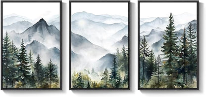 Framed Mountain Landscape Wall Art Bedroom, 3 Piece Nature Foggy Forest Canvas Print Artwork for Walls, Scenic Pine Tree Paintings Pictures Wall Art Decor for Living Room Hallway, 16x24 Inch