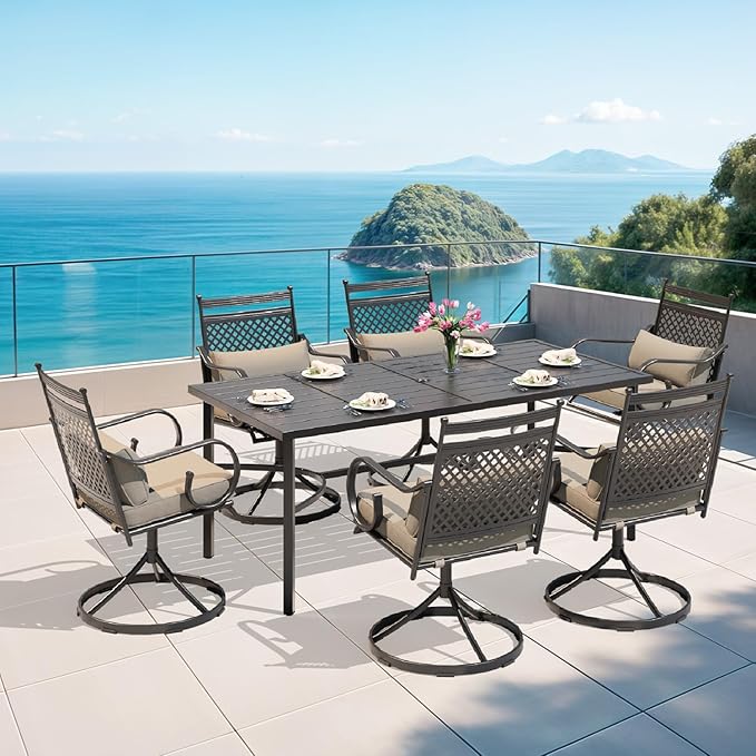MELLCOM Patio Swivel Chair Set of 6, Heavy Duty Outdoor Dining Chairs with Cushions and Lumbar Pillows, Metal Patio Chairs Gentle Rocker for Outside, Garden Lawn & Porch, Backyard, Khaki