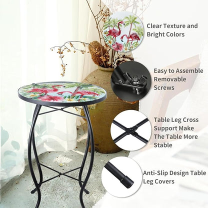 VCUTEKA Patio Side Table Outdoor Accent Table Small Mosaic Table Coffee Table End Porch Indoor Outdoor Round Glass Balcony Bistro Three Flamingos 14 inches