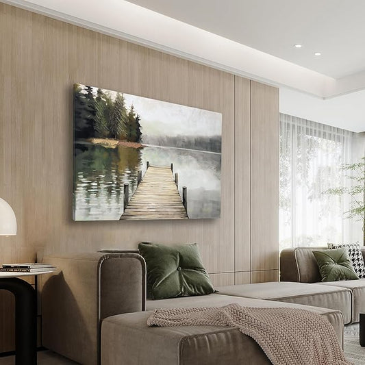 Nature Landscape Large Wall Art Canvas Picture，Horizontal Dock Forest Artwork Decor，Modern Hand Painted Textured Lake Scenery Artwork Painting Decor, Wall Pictures for Bedroom Living Room 40x 28 Inch
