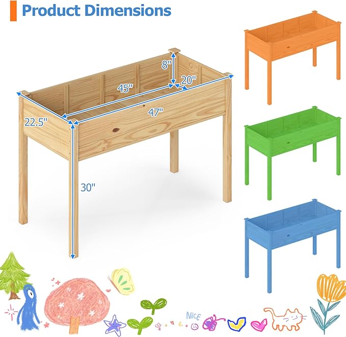COSTWAY Raised Garden Bed, Elevated Wood Planter Box Stand with Legs for Vegetables, Flowers & Herbs, Standing Growing Bed for Backyard, Patio, Balcony, 47" x 22.5" x 30", Natural