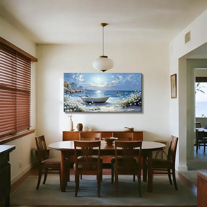 SERIMINO Beach Wall Art, Oversized Wall Art, Coastal Wall Decor, Beachy Boat Rustic Pictures Prints, Blue Seascape Paintings for Living Room Bedroom Dining Room Office Farmhouse Hotel 29"x57"