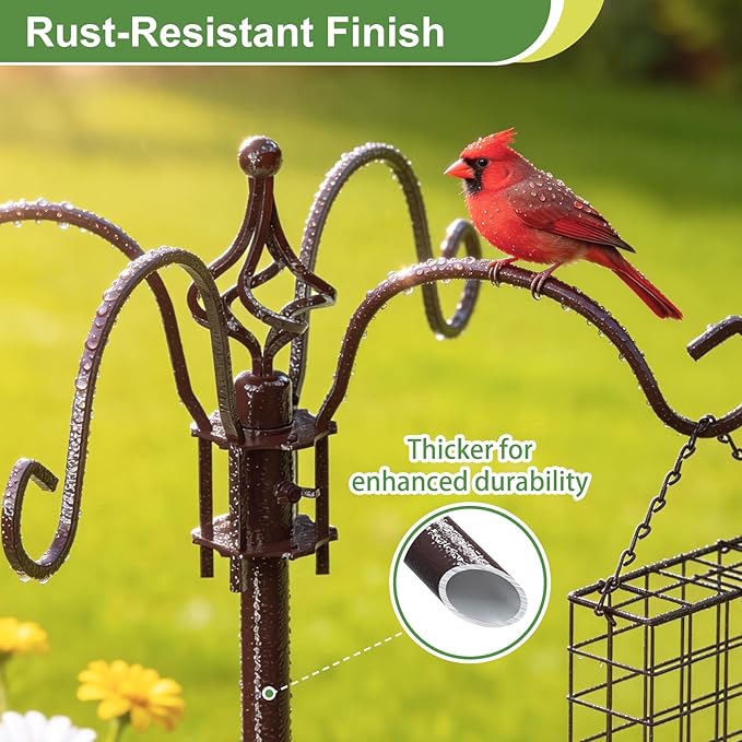 83" Bird Feeding Station Kit with Metal Squirrel Baffle, Heavy Duty Metal Bird Feeding Station with Seed Tray＆Mesh Basket, Easy Assembly Ground Mounted Bird Feeder Pole for Garden Yard Outdoor
