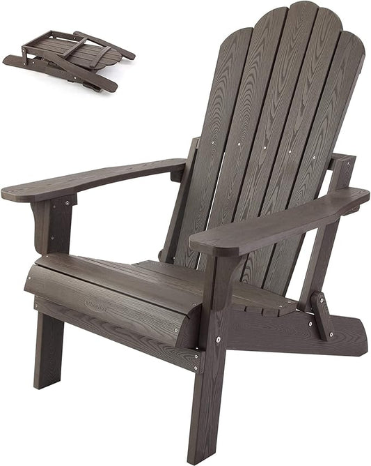 hOmeHua Folding Adirondack Chair Weather Resistant, Hard Plastic Imitation Wood Stripes Adirondack Chair, Easy to Fold Move & Maintain, Outdoor Chair for Patio, Backyard Deck, Fire Pit - Dark Brown