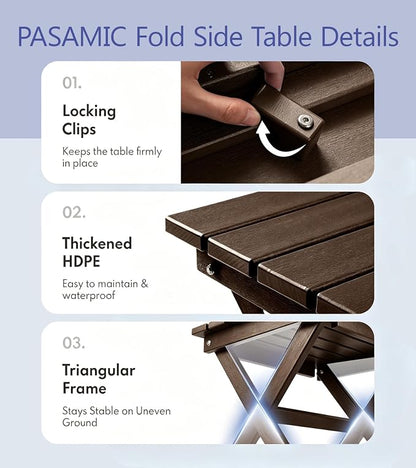PASAMIC Folding Outdoor Side Table, HDPE Outdoor End Table, All-Weather Patio Table with 17.7" Wide Tabletop, No Assembly, for Porch, Deck, Poolside, Brown