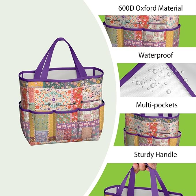 Boho Garden Tool Bag - Waterproof Floral Garden Tote with 8 Pockets, Large Storage Home Organizer Gardening Tool Oxford Bag for Garden Tools Kits Holder, Ideal Outdoor Gardening Gift for Women & Men
