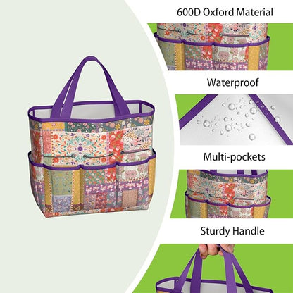 Boho Garden Tool Bag - Waterproof Floral Garden Tote with 8 Pockets, Large Storage Home Organizer Gardening Tool Oxford Bag for Garden Tools Kits Holder, Ideal Outdoor Gardening Gift for Women & Men