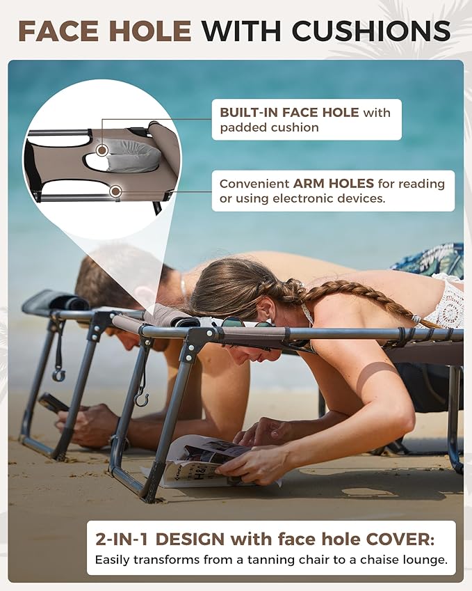 KingCamp 2 Pack Tanning Chair with Face Hole, Lounge Chairs Outdoor Folding Portable Comfy Adjustable 5-Position Foldable Chaise Chaser with Canopy Shade for Outside Beach Patio Sun Bathing, Beige