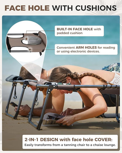 KingCamp 2 Pack Tanning Chair with Face Hole, Lounge Chairs Outdoor Folding Portable Comfy Adjustable 5-Position Foldable Chaise Chaser with Canopy Shade for Outside Beach Patio Sun Bathing, Beige