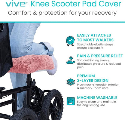 Vive Mobility Knee Scooter Pad Cover - Soft Plush Adult Sheepskin Memory Foam Cushion, Walker Accessory for Knee Roller, Padded Accessories Leg Cart Improves Comfort with Injury, Universal Fit (Pink)