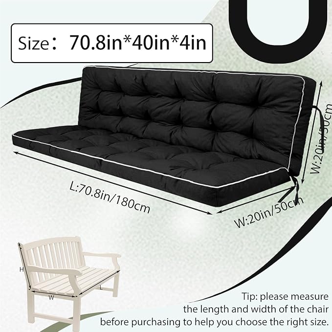 2/3 Seater Swing Replacement Cushion, Waterproof Porch Swing Cushions with Backrest, Thickened Bench Cushions for Outdoor Furniture, for Outdoor Patio Swing (Black, 70.8 * 40in)