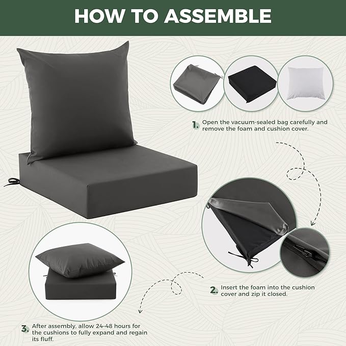 Outdoor Cushions for Patio Furniture, Outdoor Seat Cushion Set 24 x 24 x 4 Inch, Waterproof & Fade Resistant Outdoor Chair Cushions, Deep Patio Chair Cushion with Removable Cover, Dark Grey