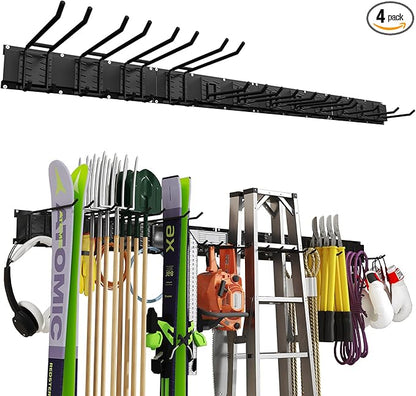 64 Inches Garage Organization, Wall Mount Garden Tool Organizer, 880lbs Adjustable Heavy Duty Metal Hanging Hooks, Garden Tool Storage Rack for Garage, Yard, and Shed (4 Racks, 12 Hooks)
