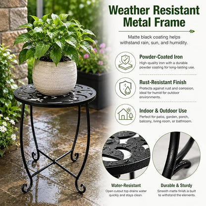2 Pack 15 Inch Tall Plant Stands Outdoor Indoor, Metal Side Tables for Patio, Weather Resistant Flower Pot Racks with Swirl Pattern, Black End Table Set for Garden Balcony