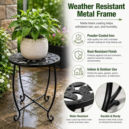 15 Inch Tall Metal Plant Stand Indoor Outdoor, Round Side Table with Swirl Pattern, Rust Resistant Iron Flower Pot Holder for Patio Garden Porch Living Room