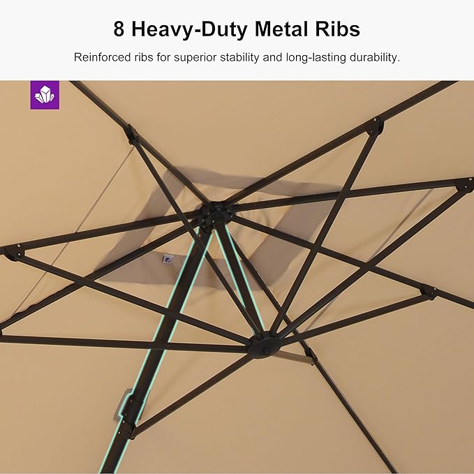 PURPLE LEAF 10' × 10' Patio Cantilever Umbrella Outdoor Square Adjustable Offset Umbrellas with 360-degree Rotation and 8 Heavy Duty Metal Ribs for Garden Deck Pool Beige