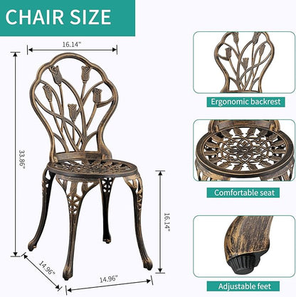 3-Piece Outdoor Bistro Set Cast Aluminum Patio bar Set with Umbrella Hole, Balcony, Backyard (Bronze, Tulip)