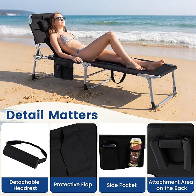 COSTWAY Tanning Chair with Face Hole, Folding Beach Lounge Chair with 4-Position Adjustable Backrest, Pillow & Side Pocket, Foldable Chaise Lounge Chair Outdoor for Sunbathing, Camping (2, Black)