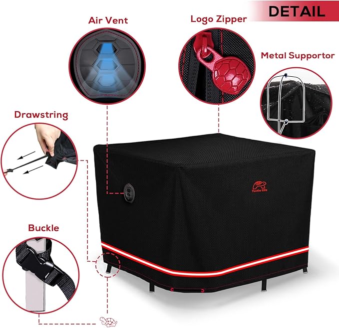 Turtle Life Patio Furniture Sets Cover, Heavy Duty Square Durable Waterproof Outdoor UV Resistant Anti-Fading Dining Table Chairs Furniture Cover, Black, 76"Lx76"W x 29"H