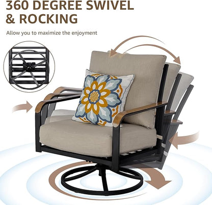 NATURAL EXPRESSIONS 5 Piece Patio Furniture Set, Outdoor Conversation with 4 Pcs Swivel Rocking Chairs and 27" Double-Layer Coffee Table 6" Thick Cushions for Balcony, Backyard, Deck, Porch (Shale)