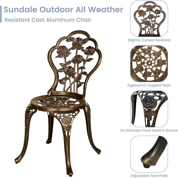 3 Piece Patio Bistro Table Set, Outdoor Stylish Rose Flower Bistro Set with Umbrella Hole, Small Cast Aluminum Table and Chairs Set for Balcony Furniture, Dark Bronze