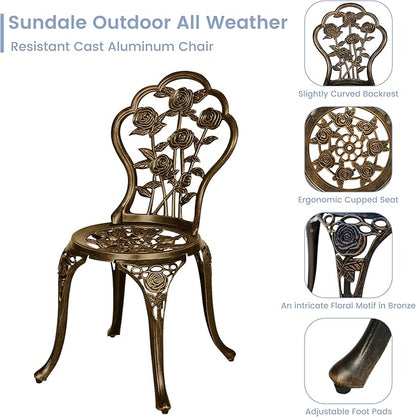 3 Piece Patio Bistro Table Set, Outdoor Stylish Rose Flower Bistro Set with Umbrella Hole, Small Cast Aluminum Table and Chairs Set for Balcony Furniture, Dark Bronze