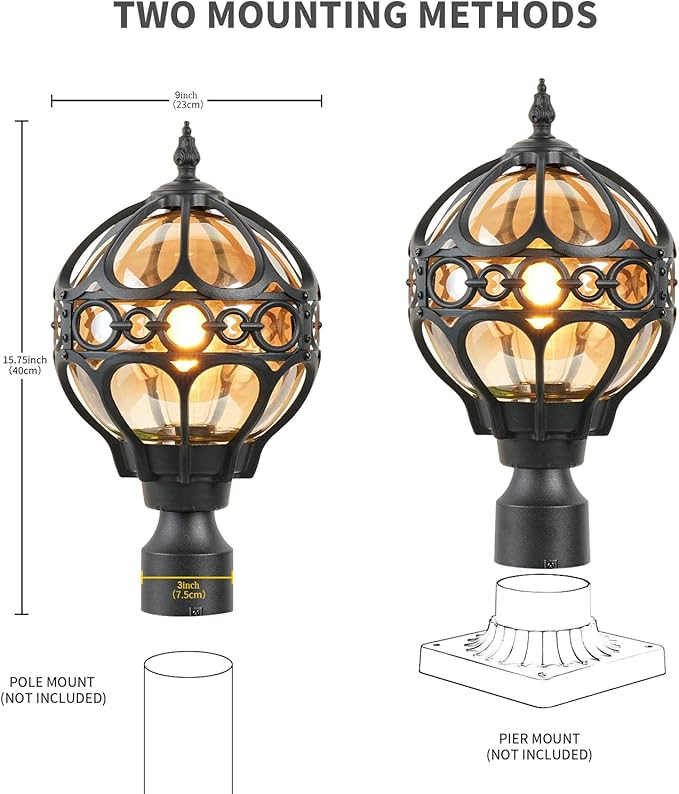 Soccer Ball Outdoor Post Light for Lawn Porch Yard Driveway, Black Globe Outside Pier Mount Post Light Fixtures, Waterproof Sphere Lamp Post Light, Exterior Pole Mount Light(Large,1 Pack)