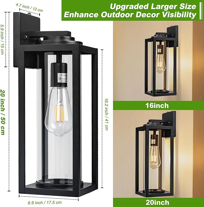 20inch Dusk to Dawn Outdoor Wall Light Fixtures - 2 Packs Large Exterior Waterproof Lighting, Modern Porch Sconces Wall Mounted Lighting, Industrial Black Outside Lantern for Front Door