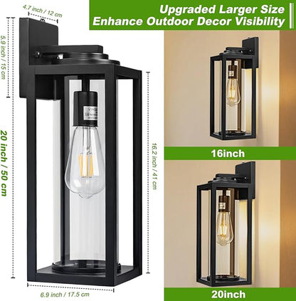20inch Dusk to Dawn Outdoor Wall Light Fixtures - 2 Packs Large Exterior Waterproof Lighting, Modern Porch Sconces Wall Mounted Lighting, Industrial Black Outside Lantern for Front Door