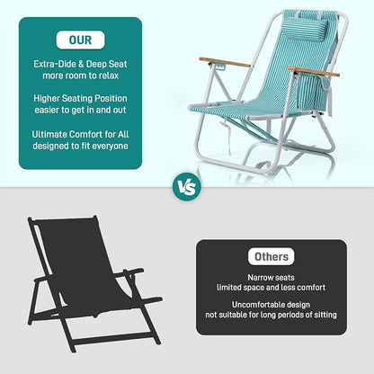 Outvita 2 Pack Folding Beach Chair, 4 Position Adjustable Reclining Lounge Chair with Padded Headrest, Large Rear & Side Storage Pockets, Lightweight Portable Outdoor Chair for Beach Pool Garden BBQ