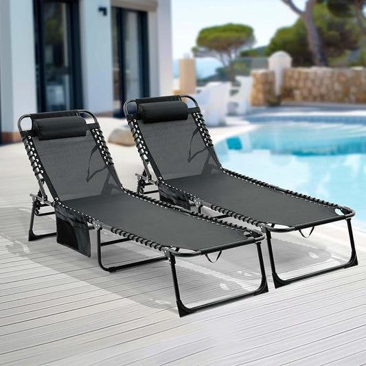 Tanning Chairs for Outside, Chaise Outdoor Lounge Chair, Folding Pool Chairs & Patio Lounger for Beach Camping Hiking Backyard Sunbathing Poolside, Portable (Black Set of 2)