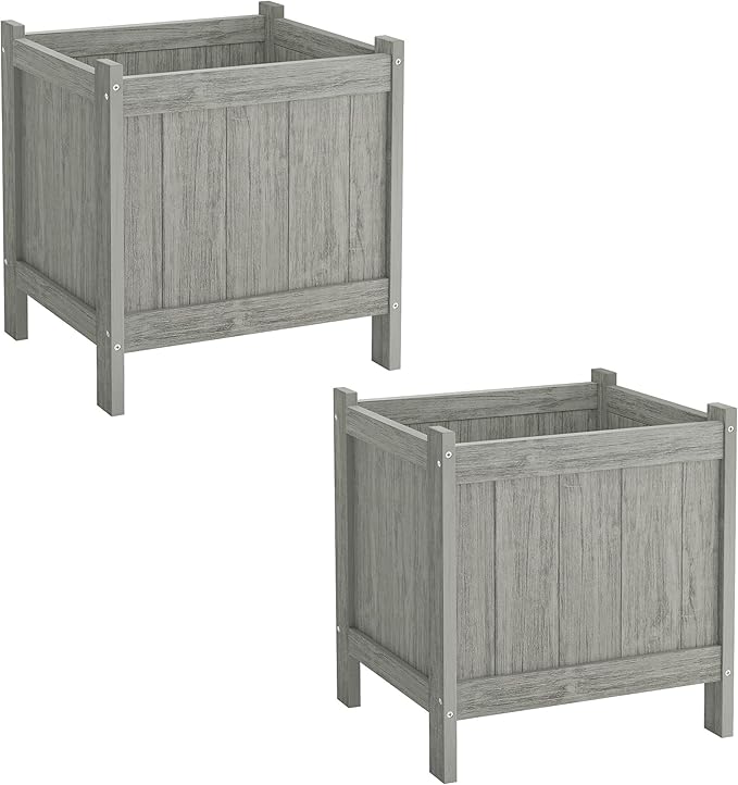LUE BONA Outdoor Plant Pots Set of 2, 13.7" x 12.5" x 14.5" HDPS Flower Pots with Drainage Holes, Outdoor Planter Box for Outdoor Plants - Porch Patio, Garden or Entryway, Light Gray-Oil Printed