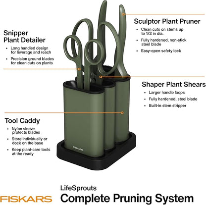 Fiskars Indoor Plant Care 3-Piece Set, Precision Gardening Tools with Nesting Storage Caddy, Detail Snips, Stem Shears & Bypass Pruner for Trimming & Shaping Houseplants, Stainless Steel Blades, Green