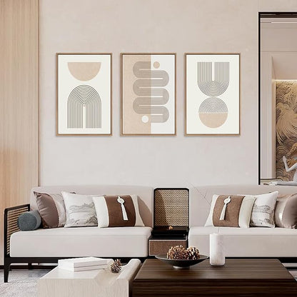 CHDITB Framed Boho Wall Art Set of 3, 24"x36" Beige Mid Century Modern Wall Decor, Abstract Geometric Line Wall Painting, Large Neutral Bohemian Canvas Art Print for Living Room, Bedroom, Office