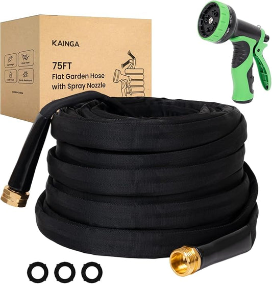 Lightweight Flat Garden Hose 75 FT, 3/4" GHT Flexible Water Hose with Spray Nozzle, Durable 800D Fabric, Kink Free Design, Portable Garden Hose for Lawn, Yard, Car Wash