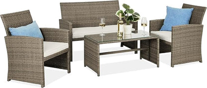 Best Choice Products 4-Piece Outdoor Wicker Patio Conversation Furniture Set for Backyard w/Coffee Table, Seat Cushions - Taupe/White Sand