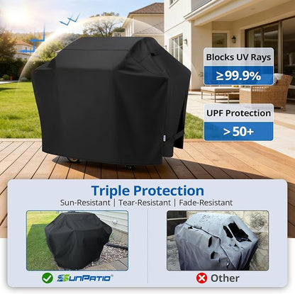 SunPatio BBQ Grill Cover 70 Inch, Outdoor Heavy Duty Waterproof Barbecue Gas Grill Cover, Fade Resistant, All Weather Protection Compatible for Weber Charbroil Kenmore Brinkmann and More, Black