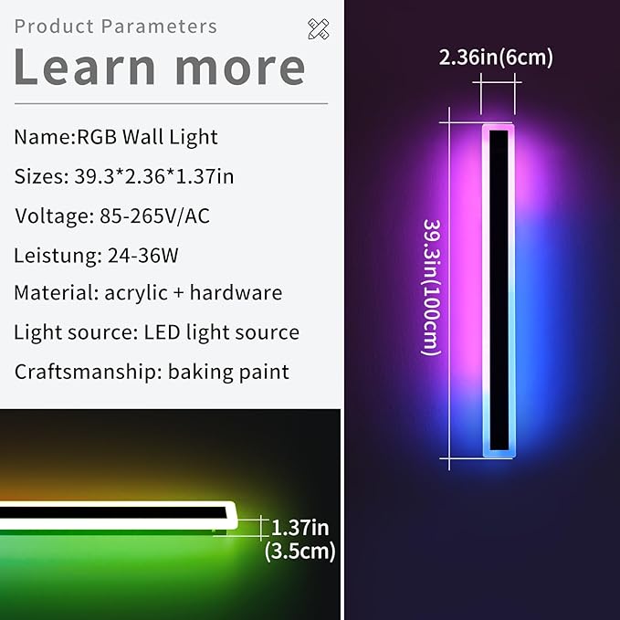 2 Pack Modern Outdoor Wall Light, 39.3inch RGB LED Wall Sconce, IP65 Waterproof, Multi-Color Dimmable Light Fixture, Wall Mounted Lamps for Porch, Patio, Garage, House, with Remote Control