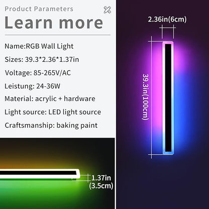 2 Pack Modern Outdoor Wall Light, 39.3inch RGB LED Wall Sconce, IP65 Waterproof, Multi-Color Dimmable Light Fixture, Wall Mounted Lamps for Porch, Patio, Garage, House, with Remote Control